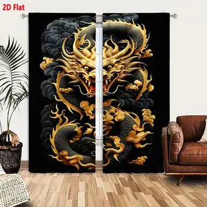 2D Flat, 2pcs Golden Chinese Dragon Blackout Curtains Set - Black & Golden Asian Art Panels with Red Mouth Crests & Dark Gray Clouds, Grommet Top Window Drapes for Living Room & Bedroom, Machine Washable Fabric (Traditional East, 2D Flat