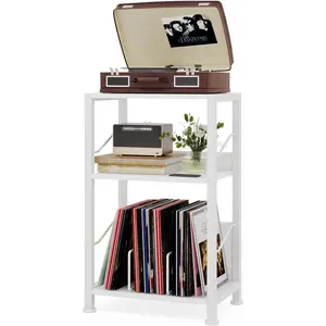 3 Tier Record Player Stand, Retro Vinyl Record Storage End Table Records Shelf for Living Room Bedroom (White)