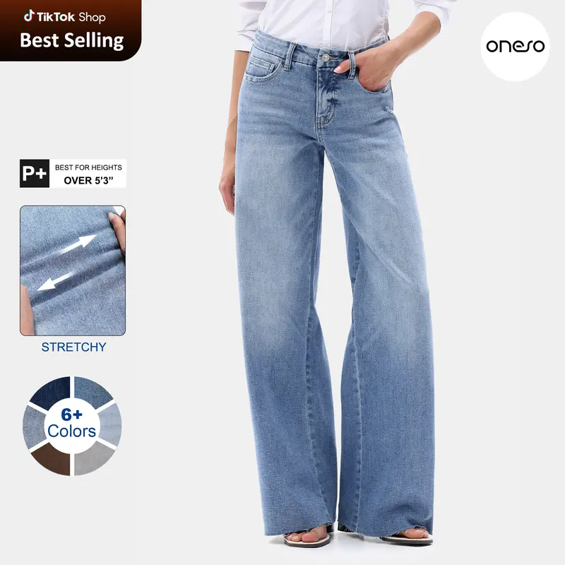 ONESO Mid-Waisted High Stretchy BBL Wide Leg Baggy All Season Jeans Tummy Control Holiday Party Distressed Denim Pants Woman Bottom Comfortable Denim Jeans OSW8019 Plus Size Regular Size #Jumpstartsale