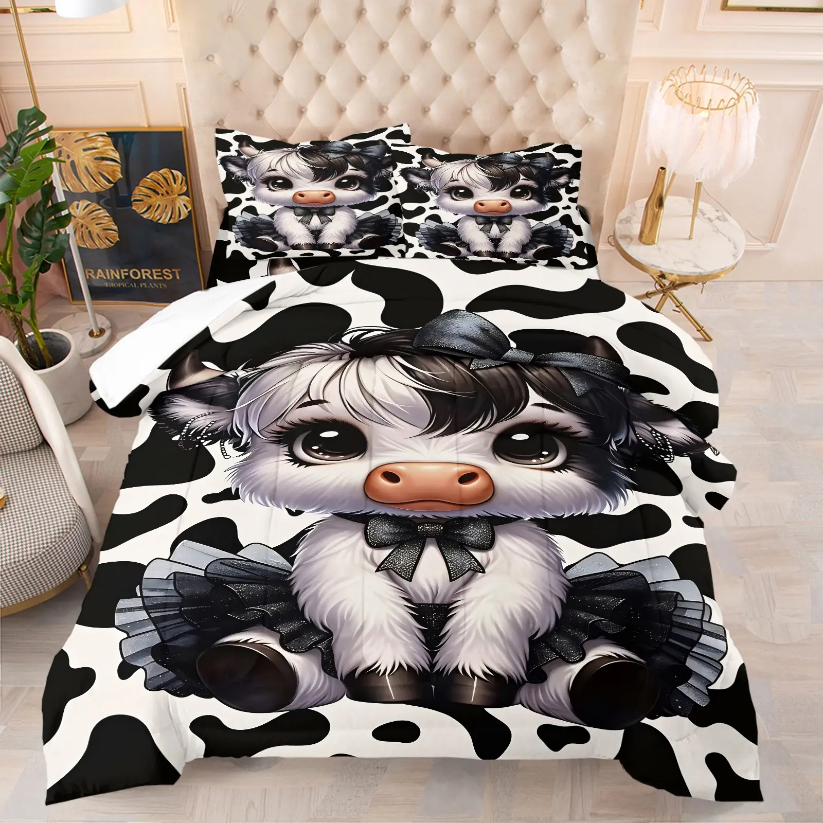 Cute Highland Cow Comforter Set, Soft Breathable Cow Print Bedding for Girls, 1 Quilt + 1/2 Pillowcases, All-Season Kawaii Cow with Bow & Tutu Quilt for Bedroom, Dorm & Playroom Decor, Twin/Full/Queen Size, Breathable Bed Cover