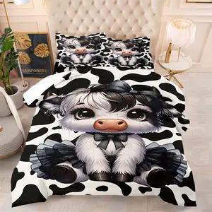 Cute Highland Cow Comforter Set, Soft Breathable Cow Print Bedding for Girls, 1 Quilt + 1/2 Pillowcases, All-Season Kawaii Cow with Bow & Tutu Quilt for Bedroom, Dorm & Playroom Decor, Twin/Full/Queen Size, Breathable Bed Cover