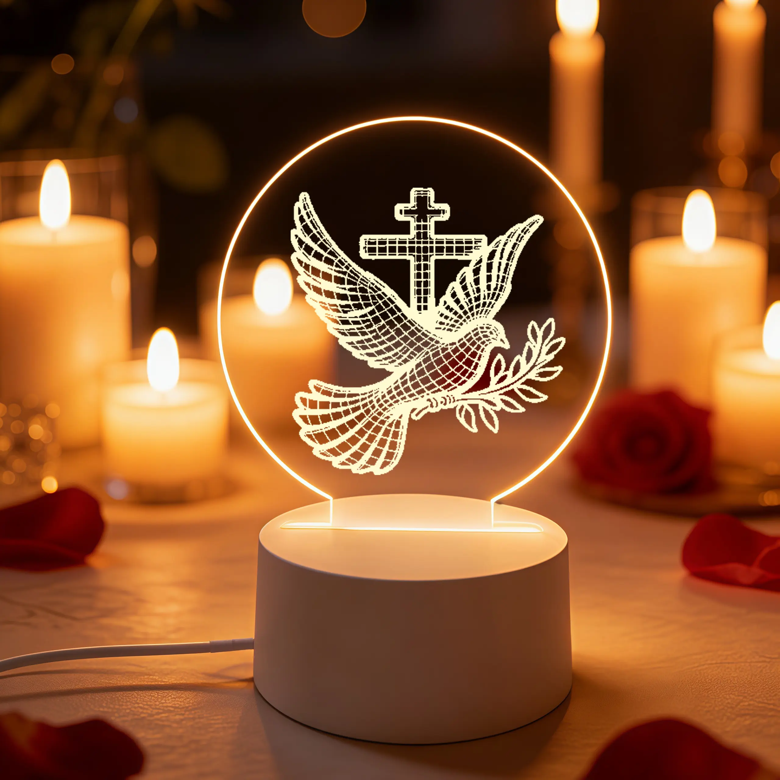 Christian Dove Cross 2D Flat Round Acrylic Night Light, Holy Spirit Olive Branch Engraved LED Lamp, Religious Gift for Baptism Confirmation Christmas Thanksgiving