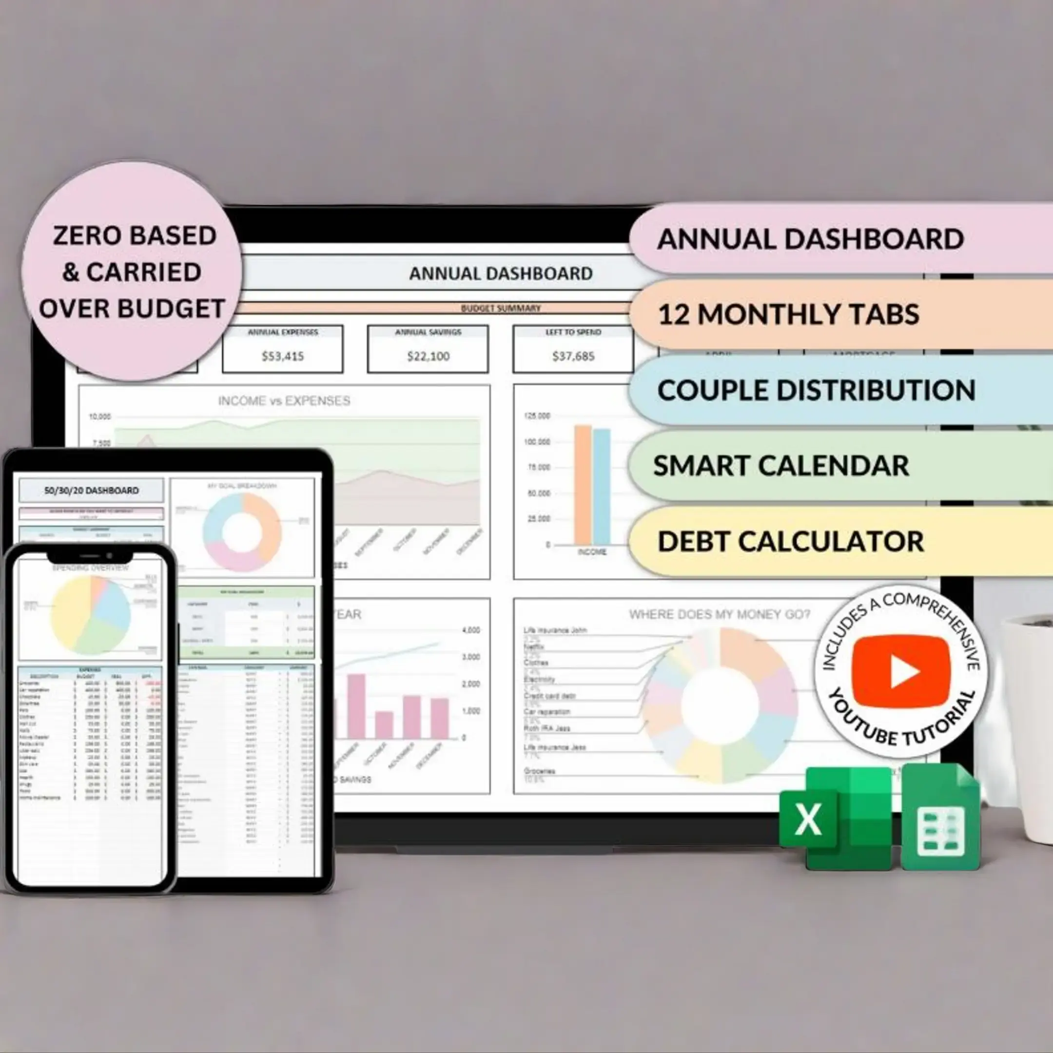 Family Budget Planner Digital File - Excel Spreadsheet, Google Sheets, 28 Tabs, Monthly-Biweekly Tracker, Bill Organizer, Debt Tracker, Finance Checklist Organizer, Families&Couples Accounting Supply