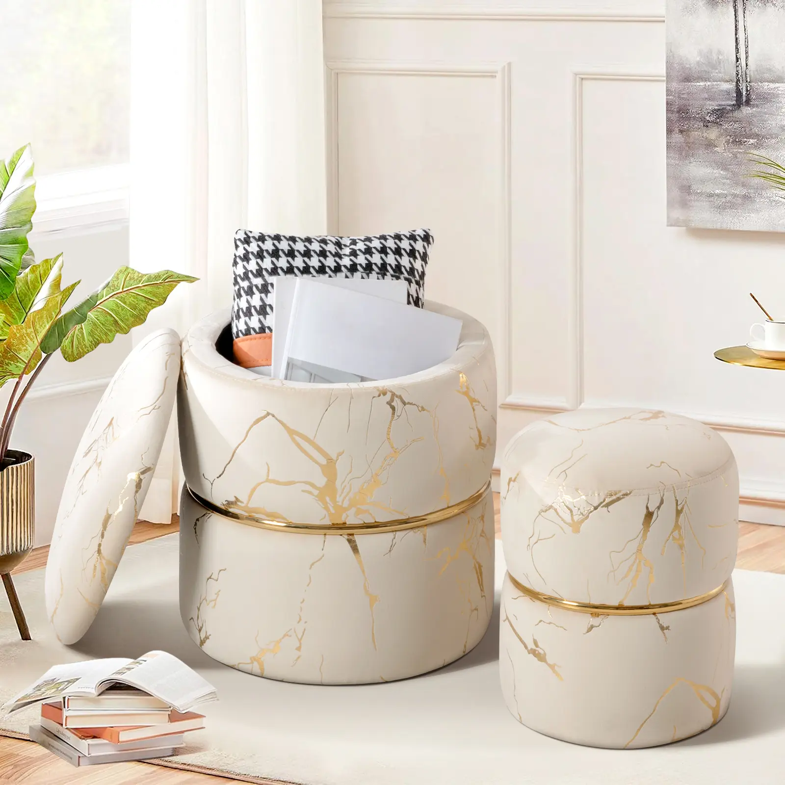 Furnimart Round Velvet Storage Ottoman Set of 2, Modern Vanity Stool Chair with Gold Plating Band, Multifunctional Footstool with Storage for Living Room Bedroom