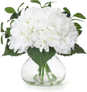7 Silk Hydrangea Artificial Flowers in Glass Vase, Real Touch Faux Hydrangea Bouquet with Faux Water for Wedding Centerpieces, Home Table Decor, Office & Party Decorations (White)