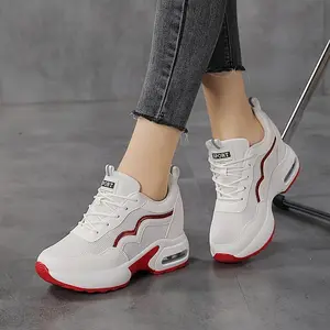 Breathable Mesh Color-Block Sneakers - Women's Air Cushion Shock Absorption Casual Lace-Up Shoes with Heart Accent - Comfortable All-Season Footwear