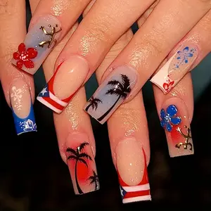 Ladies' Fashionable Wearable Nails, Independence Day Beach Pattern False Nail Decals, Removable Design DIY Nail Extension Kit, Home Nail Art Set, Nail Designs