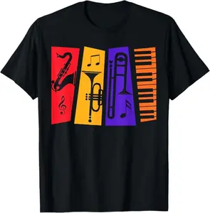 Retro Jazz Music Lover T-Shirt | Abstract Musical Instruments Graphic Tee | Saxophone Trumpet Piano Art Top | 100% Cotton Musician Gift