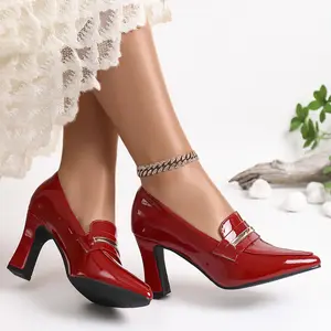 Women’s Red Patent Leather Pointed-Toe Block Heel Dress Shoes with Gold Buckle