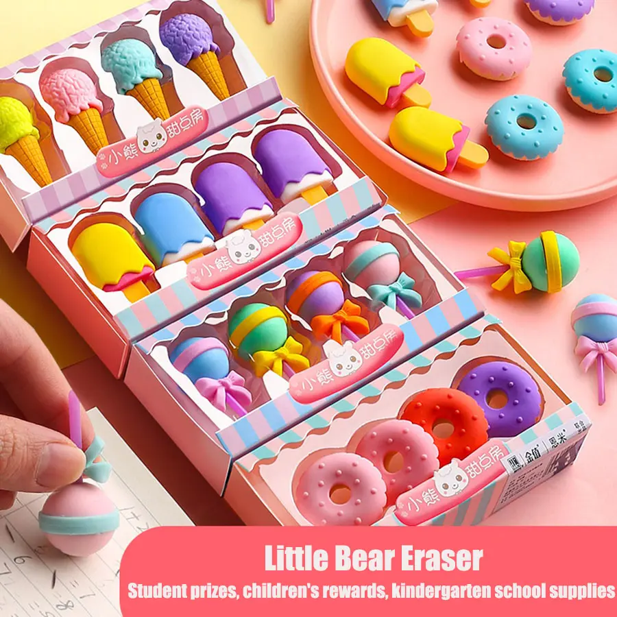 Creative Student Erasers Set, Ice Cream Lollipop Candy Cones Donuts, Cute Cartoon Stationery Gifts, Kids Drawing Learning Supplies, Writing Tools