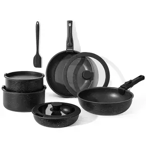 Edx 12Pcs Non-Stick Cookware Set, Pots and Pans Set with Detachable Handle for Kitchen, Black edx
