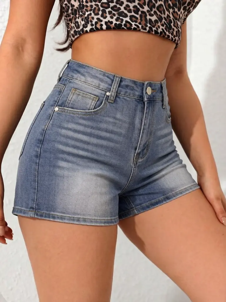 Women High Waist Stretch Denim Shorts Vintage Washed Slim Butt Lifting Casual Summer Jean Shorts With Back Pocket Stitching Detail