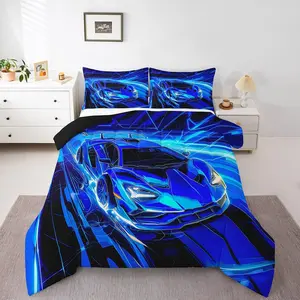 Blue Race Car Comforter Set, Extreme Sports Theme Bedding Set for Men Adults, Cool Speed Gaming Duvet Quilt, Room Decor
