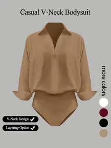 Women's casual loose V-neck long-sleeved shirt jumpsuit, elegant woven fabric, slim fit, suitable for all seasons, and can be layered flexibly.