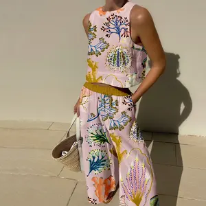 Abstract botanical print two piece set, Pink series, Beach vacation style, Coral pattern, Marine life theme, Cozy dress
