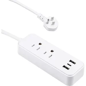 Dual-outlet power cord with 3 USB ports (1 USB-C), flat plug, 6-foot power cord, desktop charging station with USB-C, white, DC3S-1102-DC