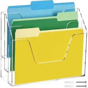 Acrylic Hanging Wall File Folder Organizer for Desk, Clear 3 Tier Document Paper Magazine Holder for Home, Office Organization, School - 1 Pack