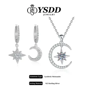 【#567 Moon&Star】Ethereal Dangling Moon and Star Necklace and Earring Synthetic Moissanite Jewelry in 925 Sterling Silver