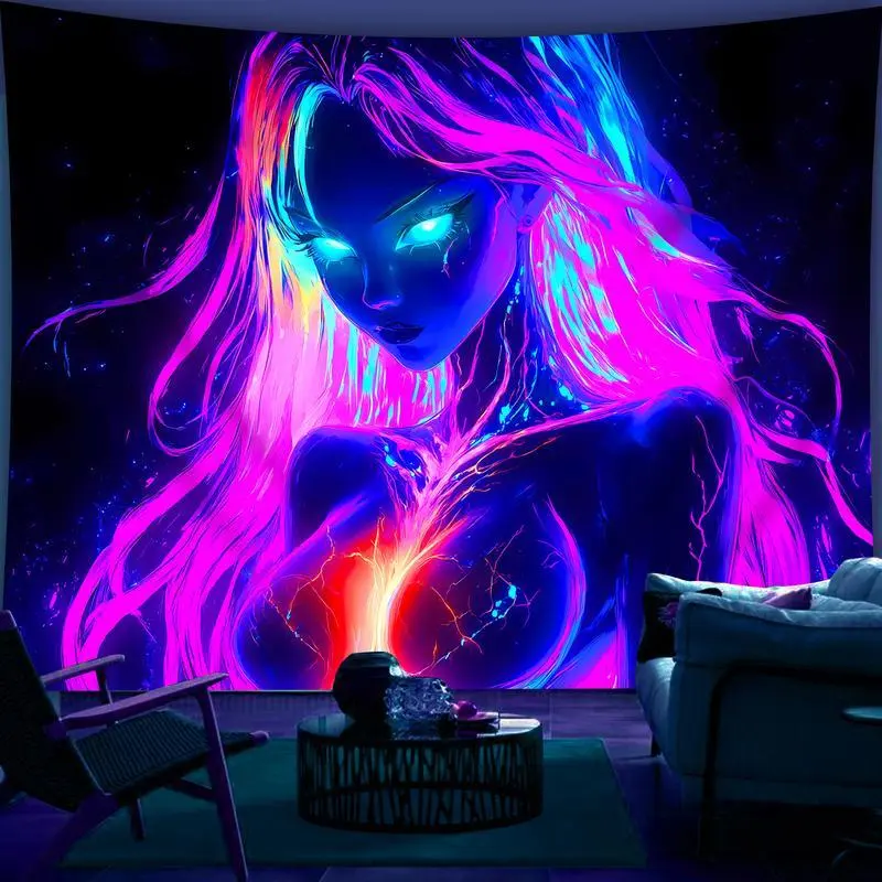 Glow-in-the-Dark Anime Tapestry - UV Reactive Fluorescent Wall Hanging with Vibrant Graffiti Art,  No-Installation Home Bedroom Decor for Indoors, Party Use