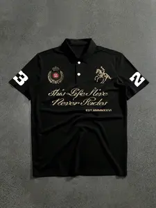 Men's Casual Classic Polo Shirt, Bottom with Badge, Equestrian Horse Logo, Comfortable Fabric, Fitted, Fashionable, Business Casual, Weekend Wear
