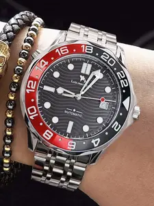 High-End Men's Mechanical Watch, Dual Color Bezel, Waterproof Business Diver, Stainless Steel Band, Calendar Display, Automatic Wristwatch