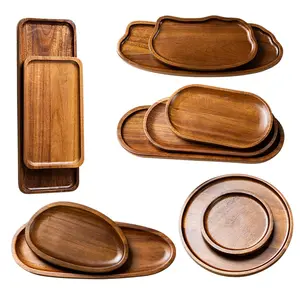 Rustic Aesthetic Wooden Decorative Tray Set, 1 Piece 11.4 Inch & 7.4 Inch Acacia Wood Trays, Vintage Round Coffee Table Organizer for Living Room, Home Decor