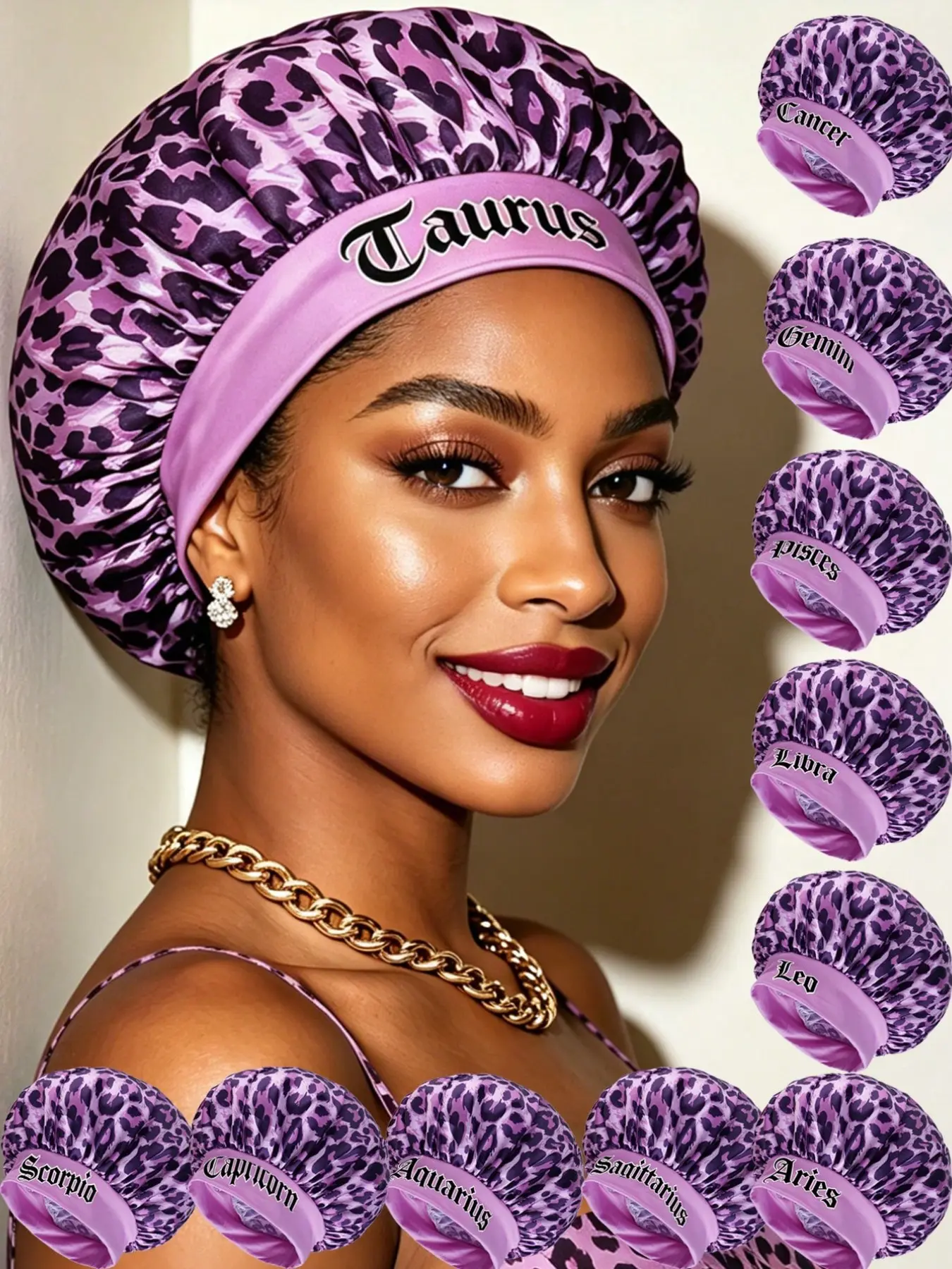 1pc Purple Leopard Zodiac Smooth Satin Hair Care Sleep Cap, Hair Bonnets, Stylish Personalized Care Cap, Multi-Scene Cap For Nighttime Hair Care/Home Mask Application/Morning Styling/Travel Hair Protection/Astrology Enthusiasts Exclusive Haircare