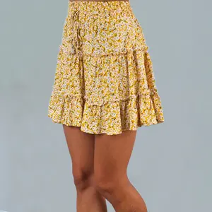 Breathable Cotton Women's Boho Floral Skater Skirt High Waist Fit With Elegant Pleats And Charming Ruffle Trim Summer Casual Wear