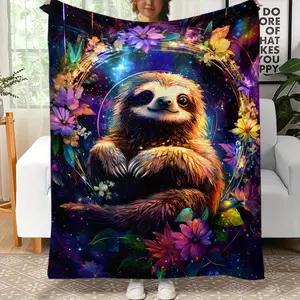 Sloth on Wreath Print Flannel Throw Blanket, Soft and Warm, Digital Printing, for Sofa, Bed, Travel, Camping, Living Room, Office, Chair, No Feather, Adult Novelty Party Gift