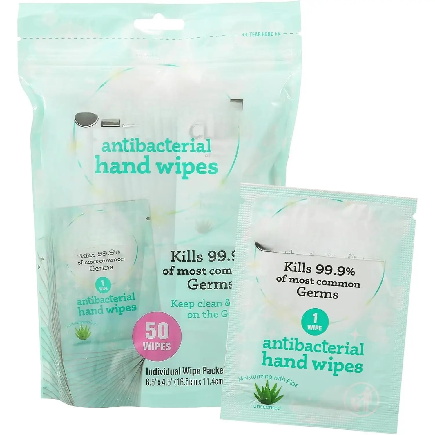 Antibacterial Hand Sanitizing Individual Hand Wipe Packets, 50 Unscented Disinfecting Hand Sanitizer Wipes with Aloe for Travel, Kills 99.9% of Germs