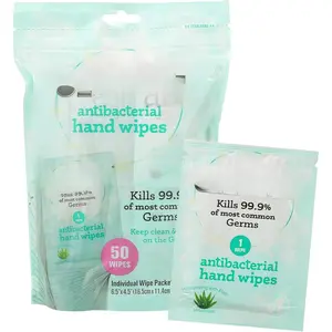 Antibacterial Hand Sanitizing Individual Hand Wipe Packets, 50 Unscented Disinfecting Hand Sanitizer Wipes with Aloe for Travel, Kills 99.9% of Germs