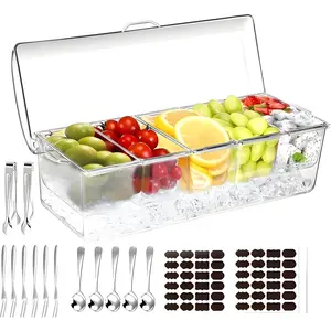 Large Ice Chilled Condiment Server  with 5 Removable Compartments (2.5 Cup), Clear Garnish Tray with Lids - Fruit, Salad, Taco, Bar Platter - Including Free Stainless Steel Accesories