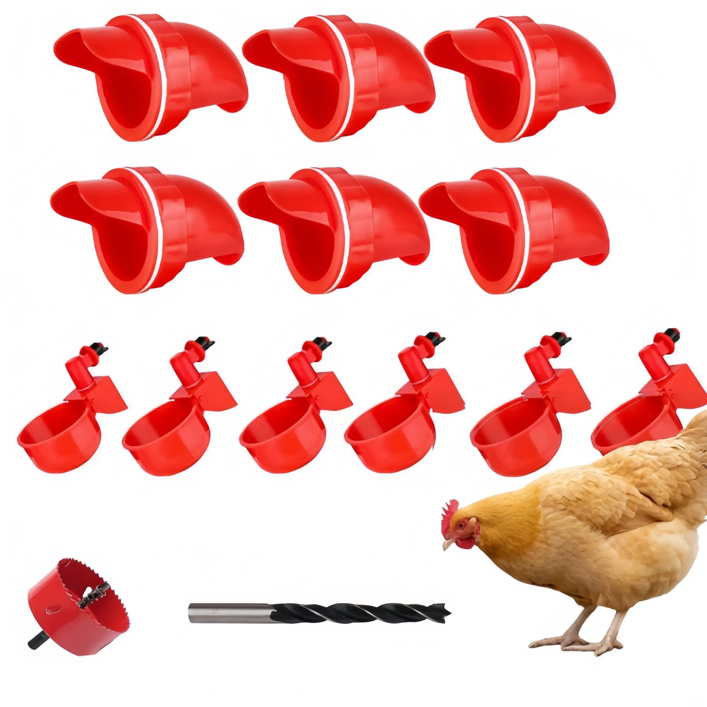 Automatic Poultry Feeder and Waterer Kit - 6 Port Gravity Chicken Feeder with Rainproof Design, No Waste DIY Automatic Duck Feeder Set, Includes 6 Water Cups, Hole Saw and Drill Bit