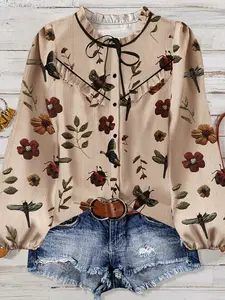Elegant Plus Size Women's Shirt, Casual Floral Animal Print, Lace Trim Round Neck, Tie Front Long Sleeve Blouse