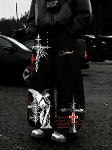 Saint Angel Cross Wide Leg Pants, Faith Print Ink, Poetic Short Sentences, Soft Cotton Blend Fabric, Y2K Grunge Style
