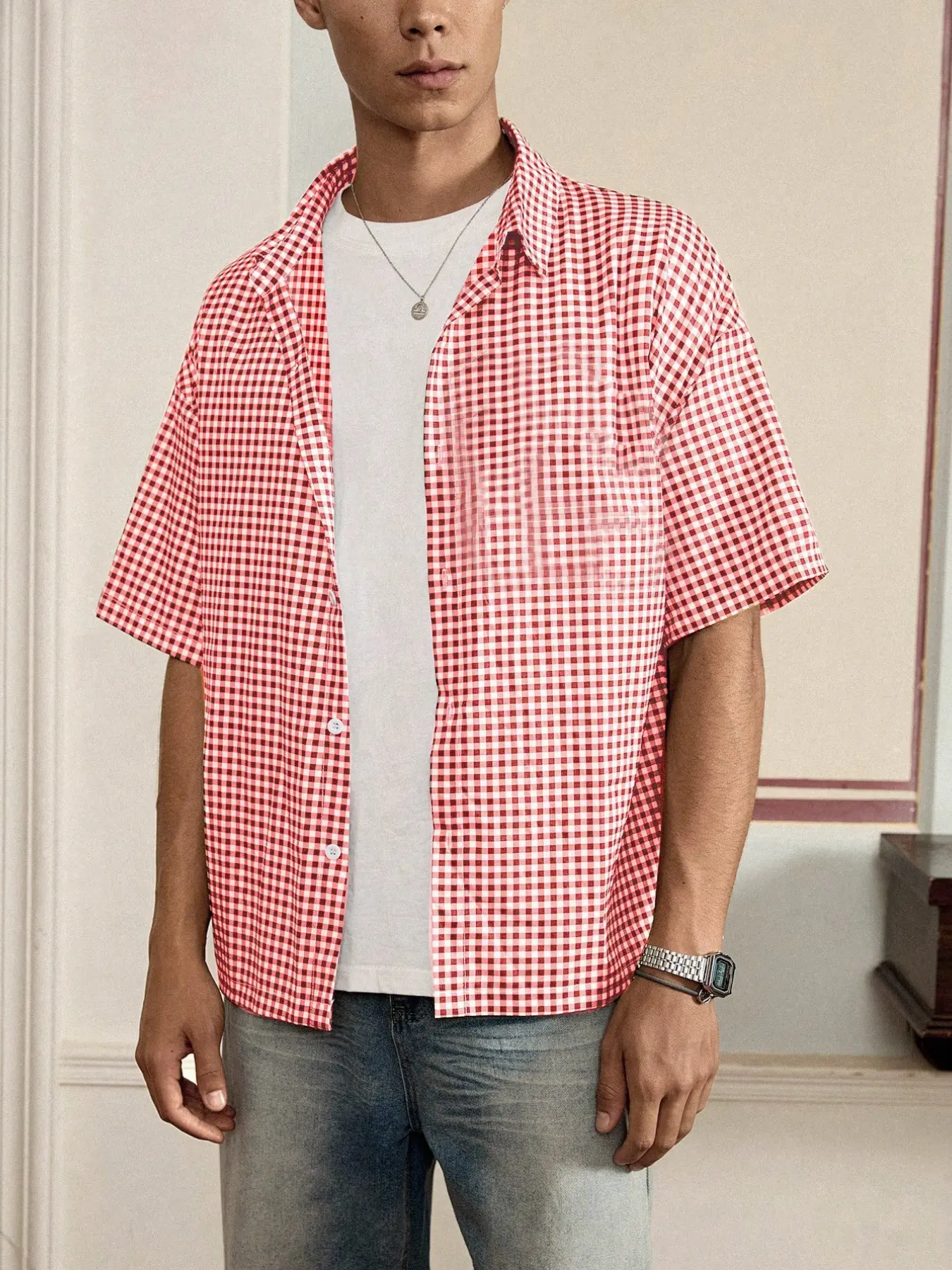 Men's Casual Everyday Wear High Street Vintage Plaid Gingham Short Sleeve Shirt, Loose Fit, Perfect for Summer Vacation, Stylish and Comfortable, Casual Fashion Wear, Menswear