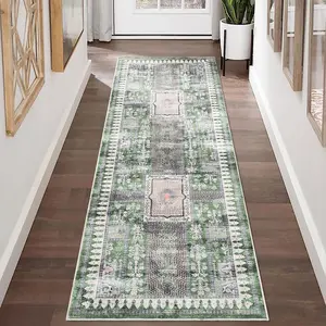 GARVEE Machine Washable Hallway Rug, Non-Slip Green Runner for Hallways, Entryways, Kitchen, Bathroom, Nightstand Area, Retro Style, Soft Low-Pile Carpet, Size 2x6 Feet