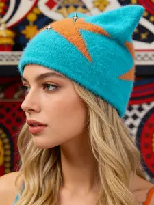 Women's New Cute Street Style Five-Point Star Embroidered Fleece Hat, Cat Ear Warm Knit Cap, Fall & Winter Slim-Fitting Beanie