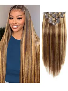 100% Human Hair Extensions, 14-24 Inches Natural Color, Invisible Clip-In Hair Pieces, Women's Hair Extension Set, Real Hair Clips, Straight Natural Hair