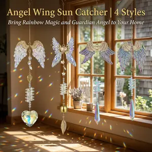 Angel Wing Crystal Sun Catcher 4 Styles - Hanging Rainbow Maker with Heart & Bell for Home Decor , Handmade Crystal Prism Rainbow Maker for Window & Garden  , Crystal Hanging Ornament Gift for Mom & Friends glass christian art office wall  gardening