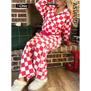 Women's Casual Checkered Print Half Zip Hoodie Long Pants Set, Long Sleeve, Spring & Fall Fashion