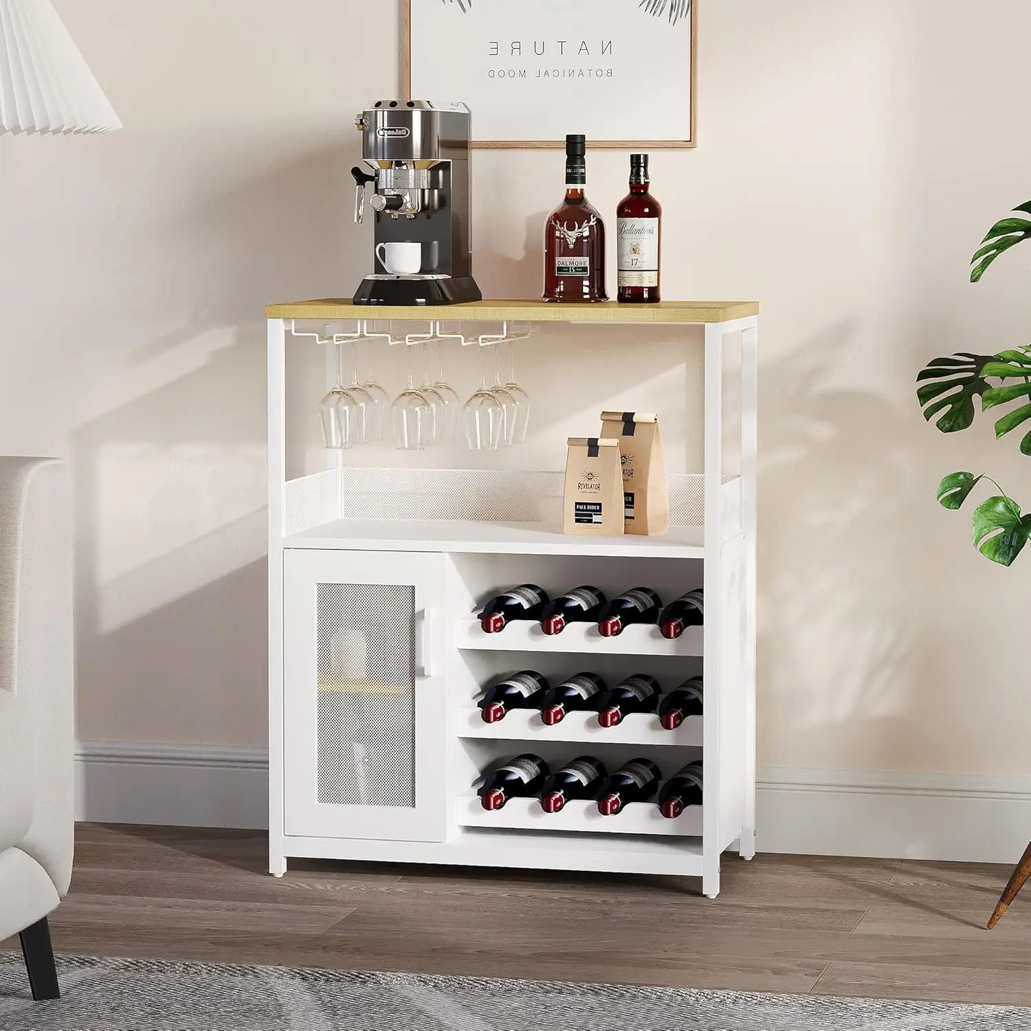 Gaomon Freestanding Buffet Cabinet - 3-Tier 36in Tall Space-Saving Corner Bar Cabinet with LED Shelf, Detachable Wine Rack, Glass Holder, Mesh Door for Kitchen, Living Room, White
