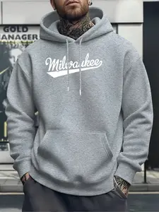 Men's Loose Fit Casual Hoodie, Milwaukee Sketch Print, Options, Anti-Wrinkle Breathable Soft Daily Commute Wear