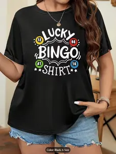Women's Short-Sleeve Crew Neck T-Shirt for Summer, Loose Fit with 'Lucky Bingo' Print. This Comfortable, Loose-Fitting T-shirt Is Designed For Comfort And Style.
