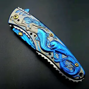 Mermaid Titanium Folding Knife with Stainless Steel Blade - Elegant Engraved Handle, Compact & Durable for Camping, Hiking, Collecting, and Gift Giving