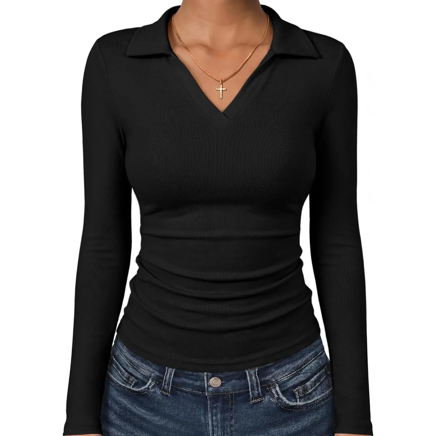 ANRABESS Womens Long Sleeve Fitted Polo Shirts | Soft Fleece V Neck Collared Tops, Slim Fit Business Casual Shirt, Office Travel Everyday Wear, Fall Winter Transition