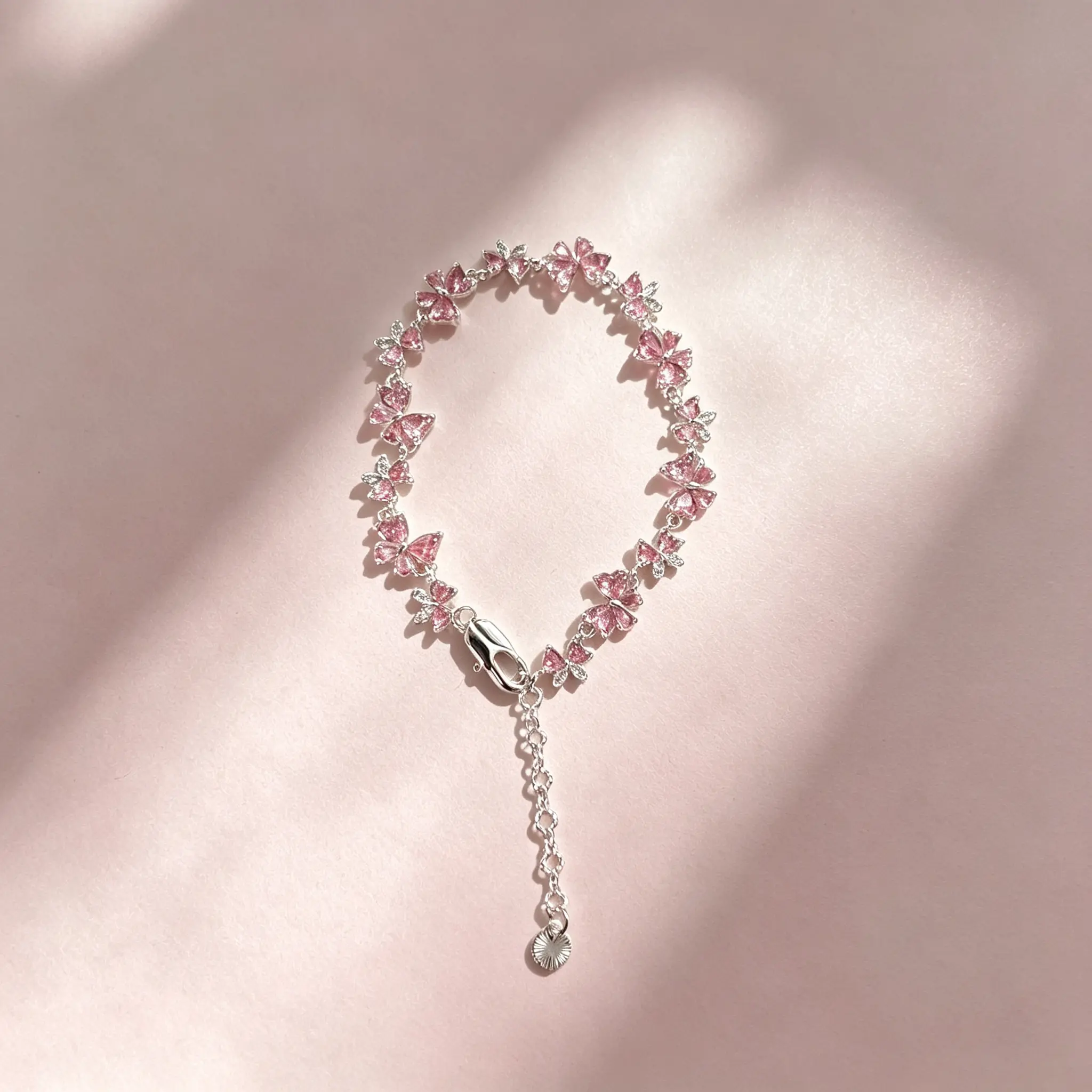 #JY Pink Butterfly Silver Beads Bracelet, Dainty Girly Round Threaded Beads, Daily Fashion Costume Jewelry, Round Beads