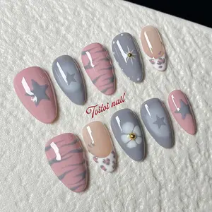 Grey Pink Handmade Press-On Nails, Acrylic Nail Set | Short Almond Shape, 10pcs | Grey Pink Color Block + Star Graffiti | High Gloss Finish | Reusable DIY Nail Kit for Spring/Summer Daily/Date/Festival | Y2K Edgy Aesthetic Look