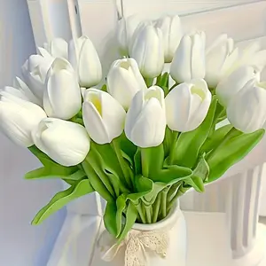 Elegant white artificial tulips with vibrant green leaves, perfect for weddings, engagements, and home decor - made of durable polyurethane, no batteries required, realistic design, Vibrant Faux Flowers, Artificial Flowers Bouquet