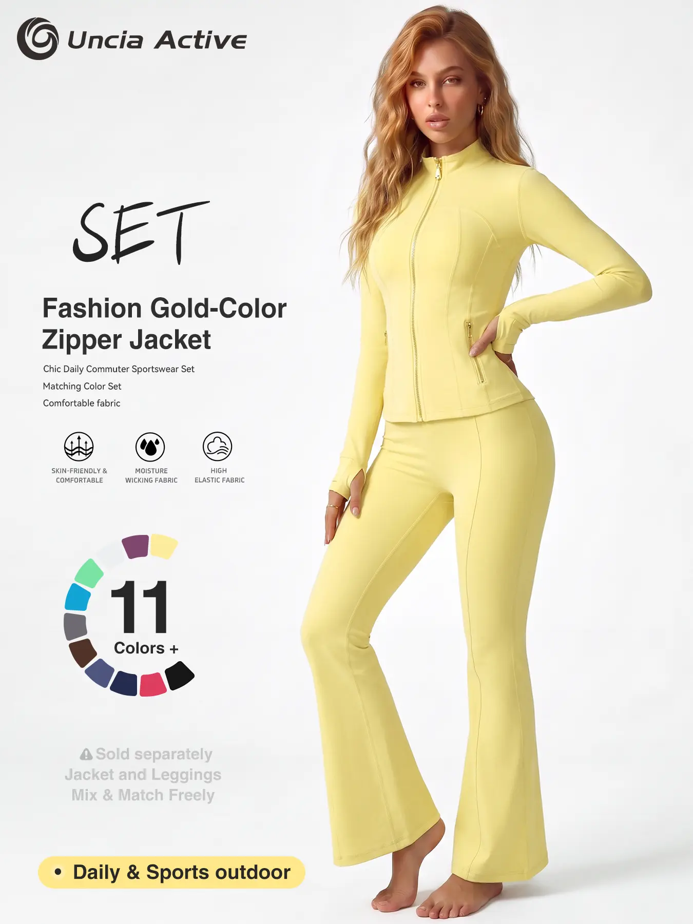 【Gold-Color zipper】Soft Brushed Women's Sporty Jacket, 25'' Inseam Leggings. Gold-Color zipper Jacket with Pockets, Yoga Pants, Thumbholes Design, Casual Wear for Women Sweat Suit Active Dresse Set Try it
